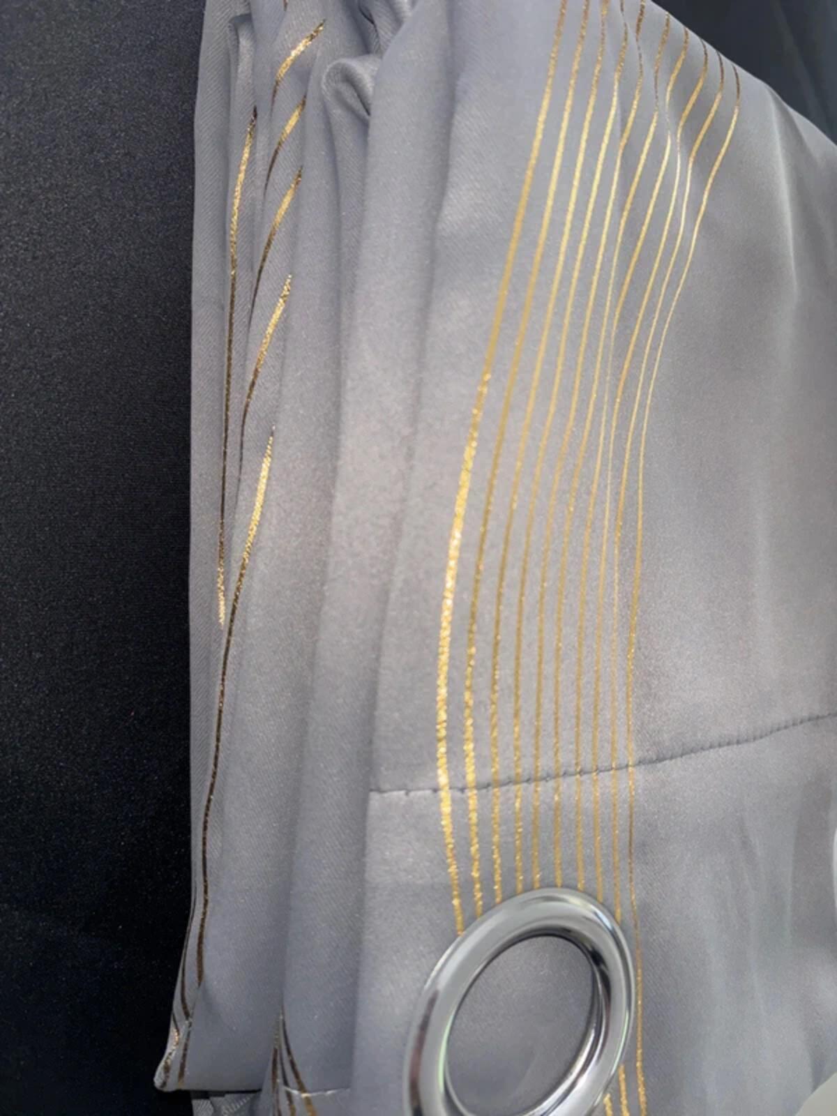 Blackout Eyelet Curtains Gold Wave Foil Printed – Light Grey 66Wx72L Inch 2 Panels