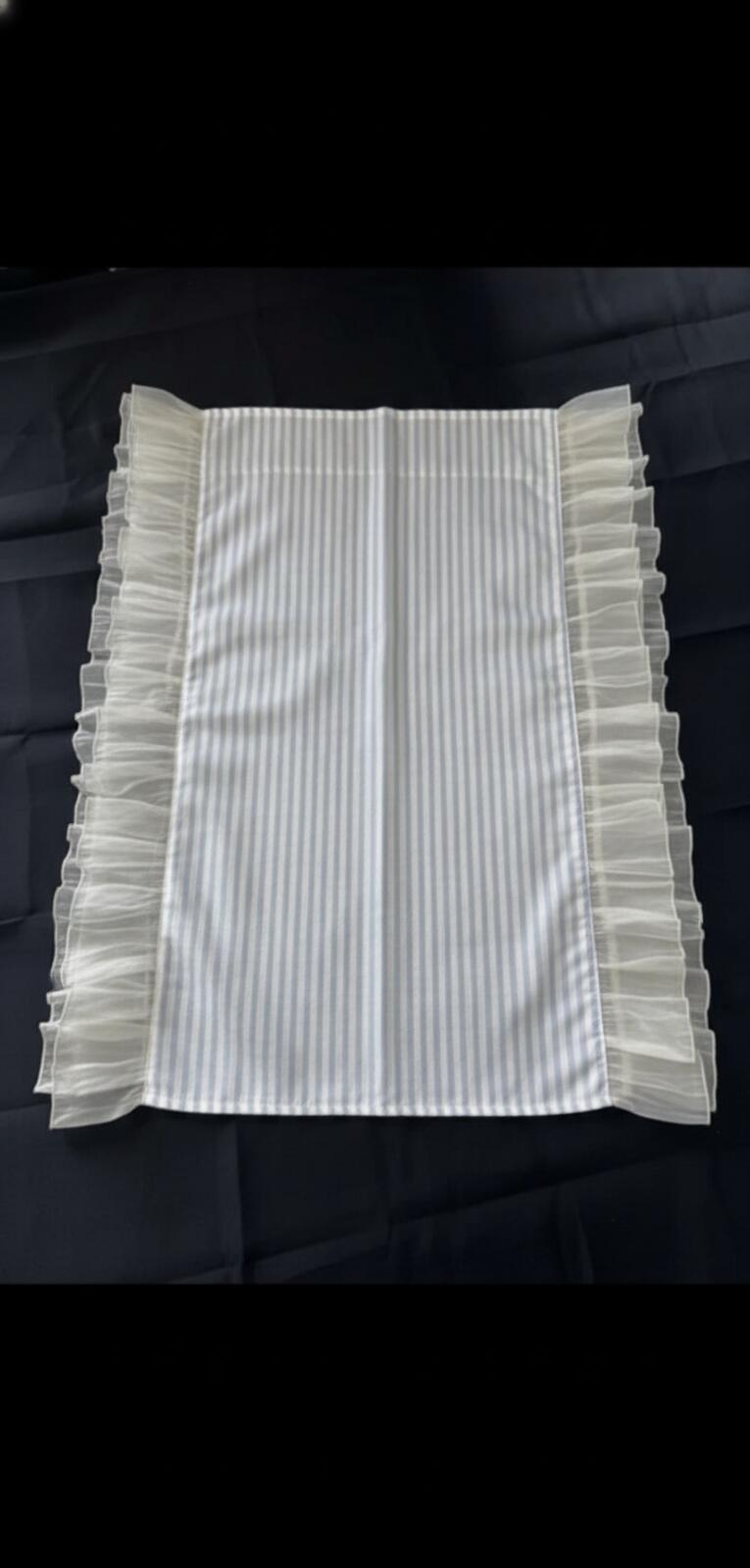 Linen Blend Curtains Blue stripes on Cream with Frill edge detail 46Wx54L
