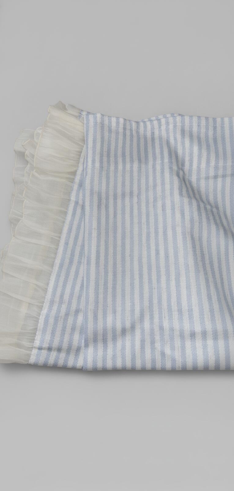 Linen Blend Curtains Blue stripes on Cream with Frill edge detail 46Wx54L