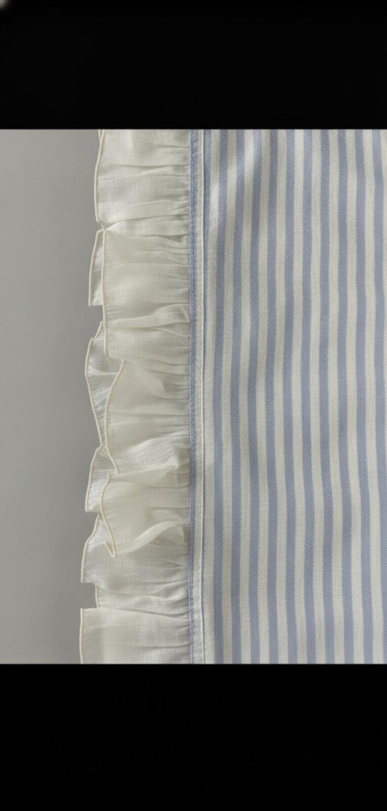 Linen Blend Curtains Blue stripes on Cream with Frill edge detail 46Wx54L