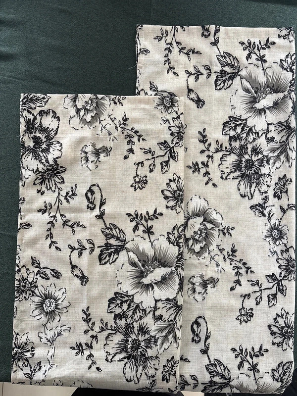 Linen Blend  Cafe Curtains Black Floral Rod Pocket W26xL45in x 2 panels