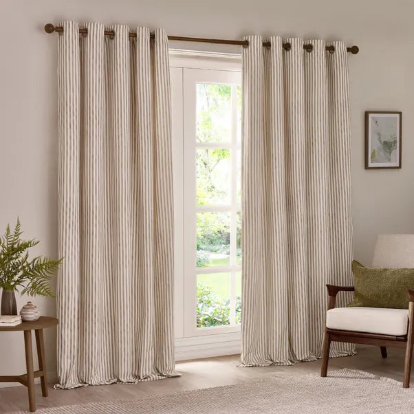 Hebden Striped 100% Cotton Lined Eyelet Curtains Natural