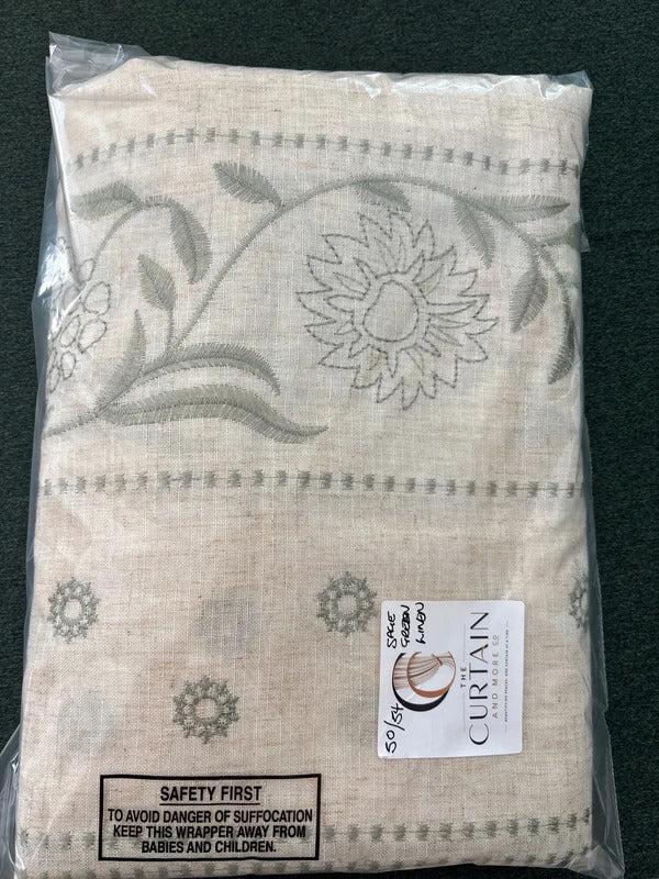 Floral Embroidery Linen Blend  Curtains Pencil Pleat 50Wx54L  sage Green