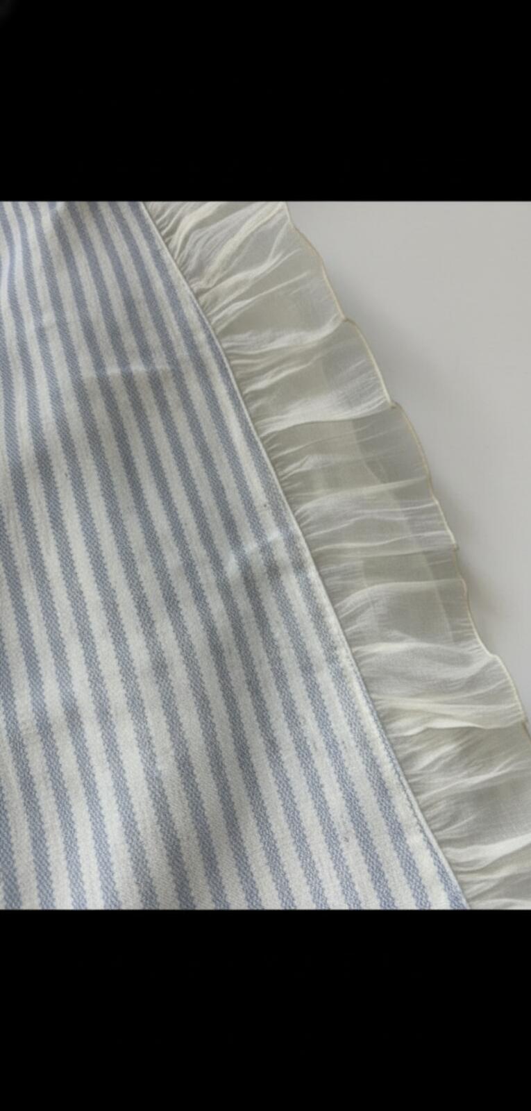 Linen Blend Curtains Blue stripes on Cream with Frill edge detail 46Wx54L