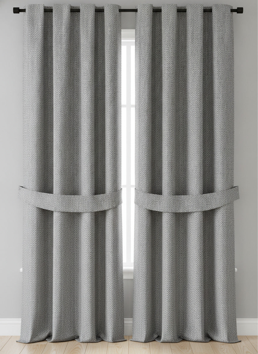 Luxury Heavyweight Herringbone Woven Curtains –Soft Grey -2 Panels – 90” x 90”