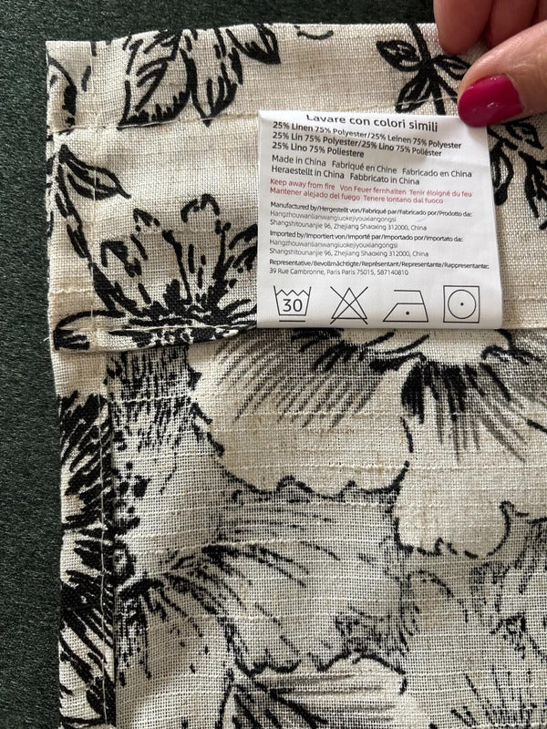 Linen Blend  Cafe Curtains Black Floral Rod Pocket W26xL45in x 2 panels