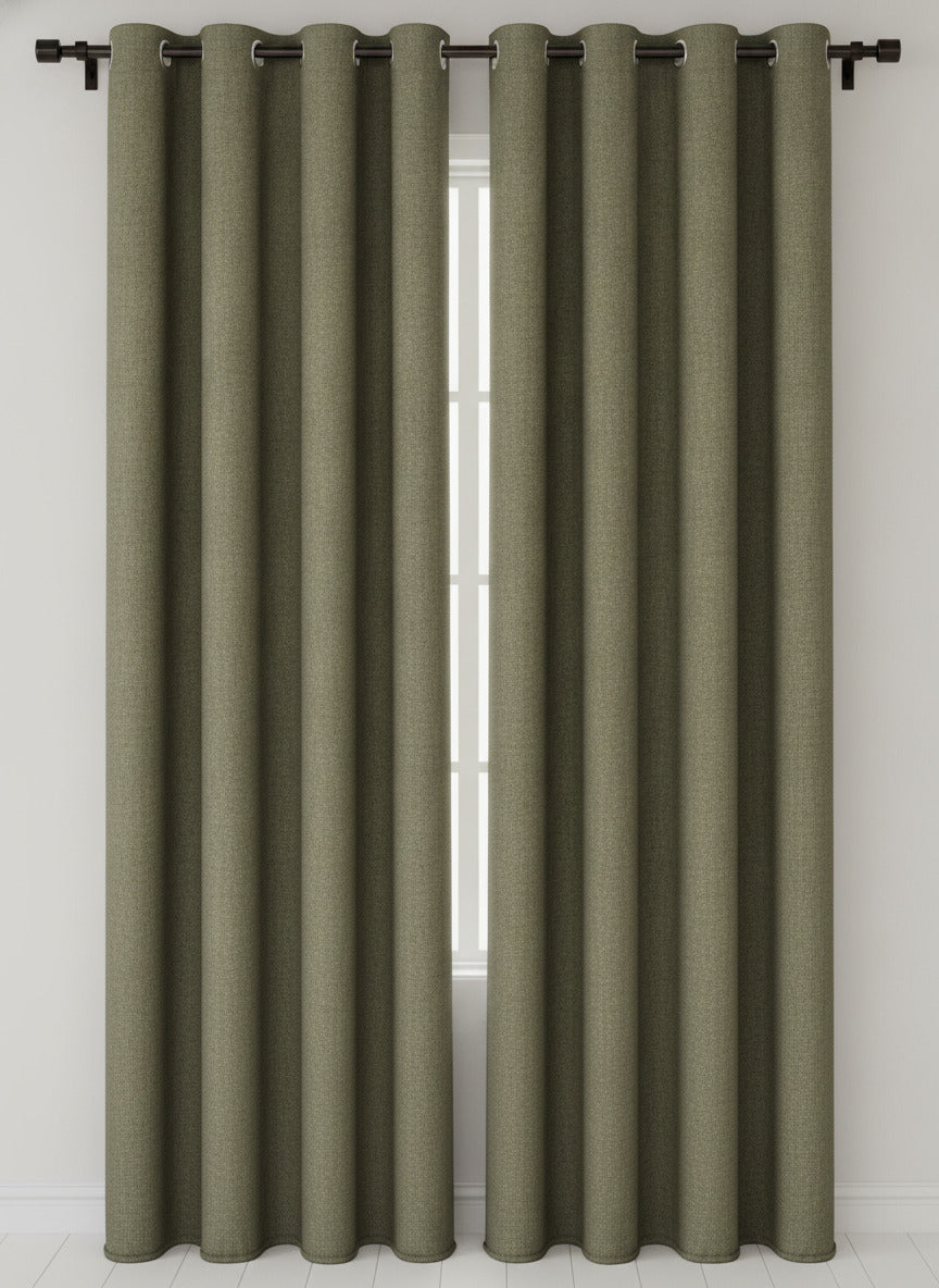 Luxury Heavyweight Herringbone Woven Curtains Khaki Green 2 Panels – 90” x 90”