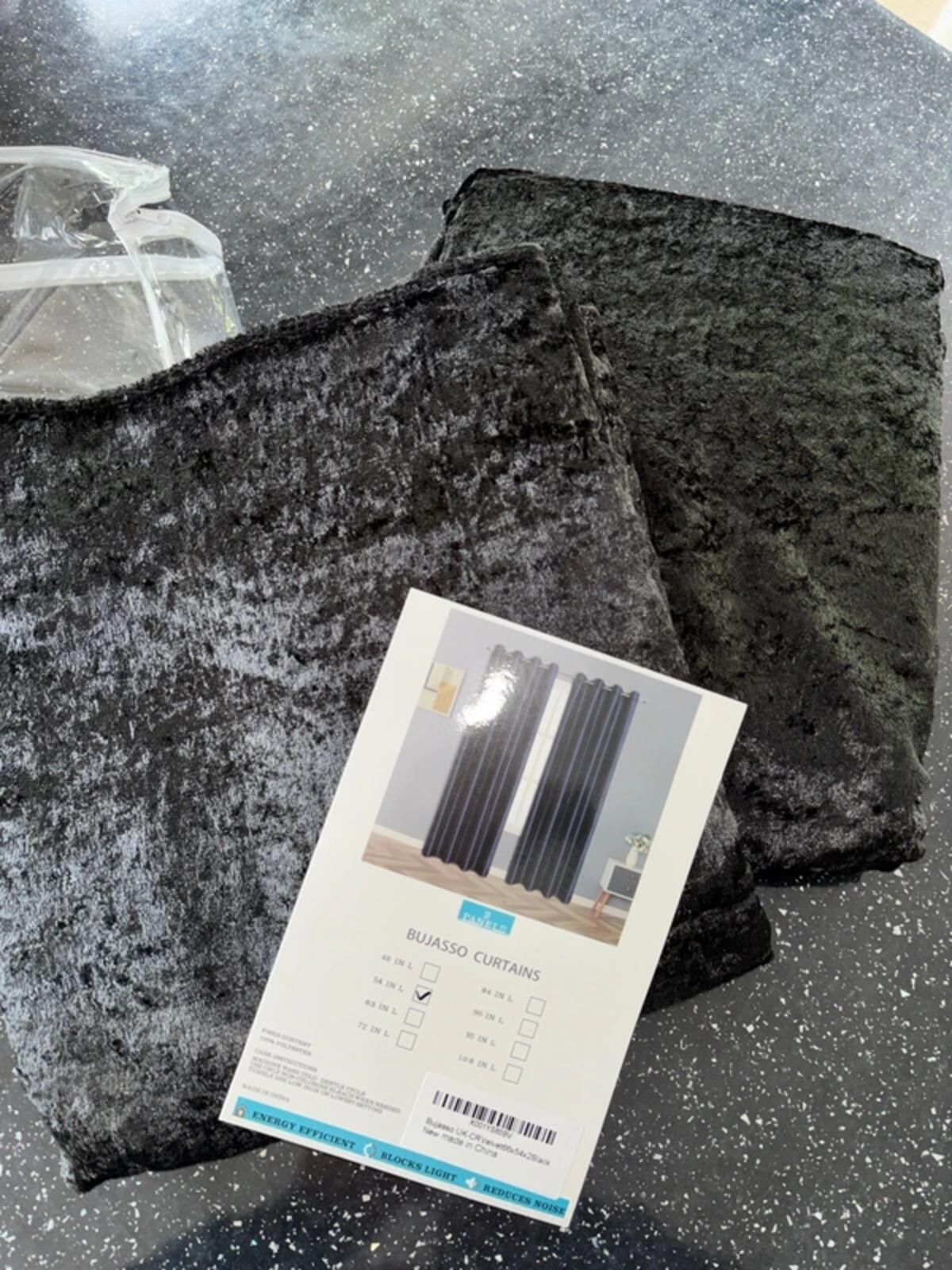 Bujasso Black Crushed Velvet Curtains Pencil Pleat  Set of 2 Panels W66 x L54 Black