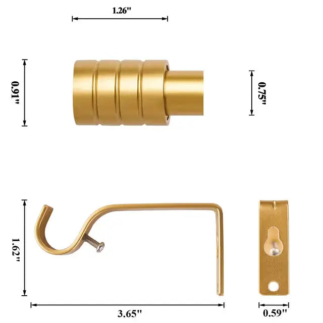 Gold adjustable curtain pole end cap bracket and fitting details