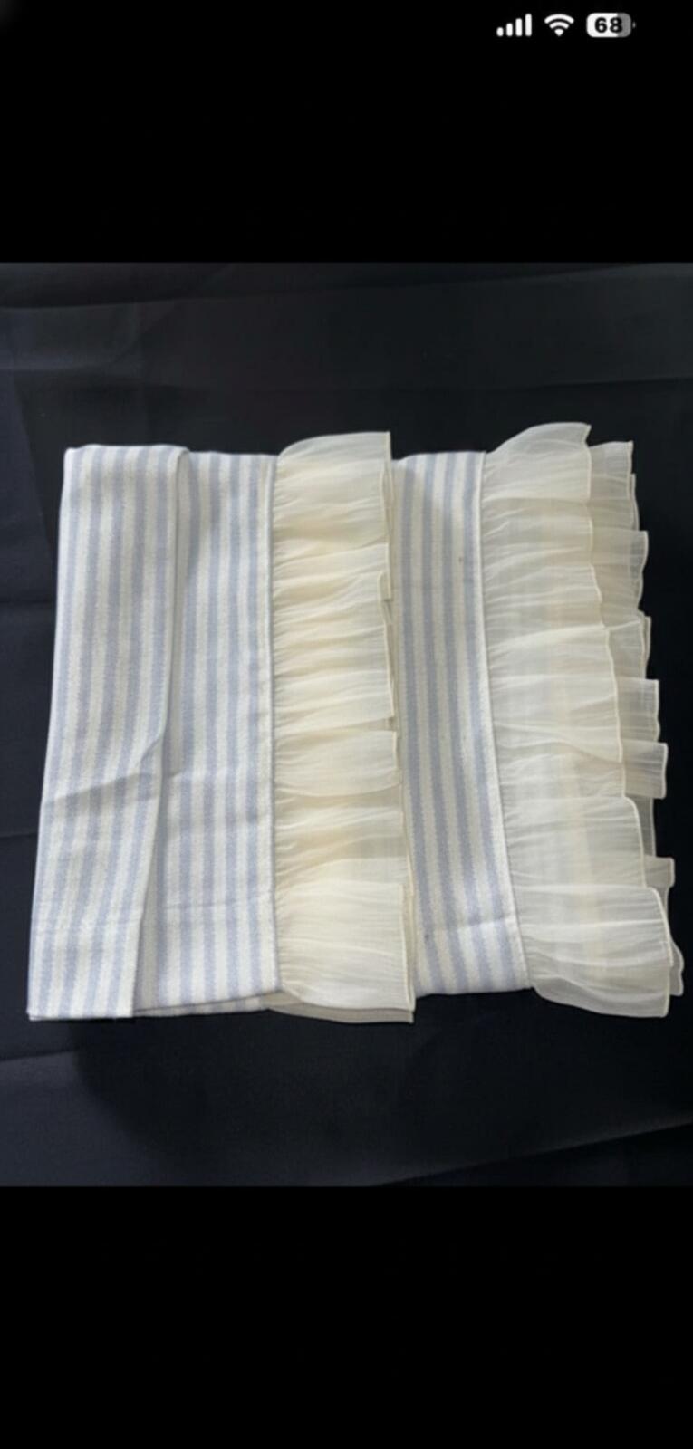 Linen Blend Curtains Blue stripes on Cream with Frill edge detail 46Wx54L