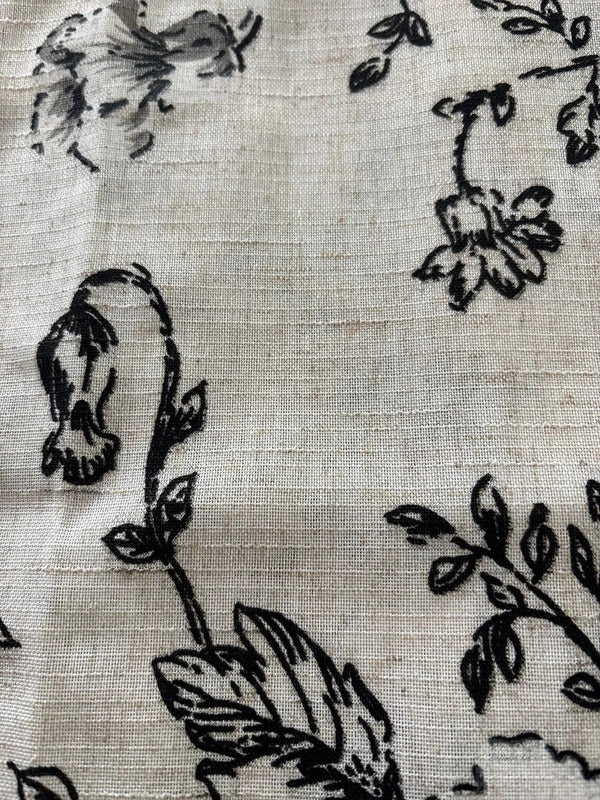 Linen Blend  Cafe Curtains Black Floral Rod Pocket W26xL45in x 2 panels
