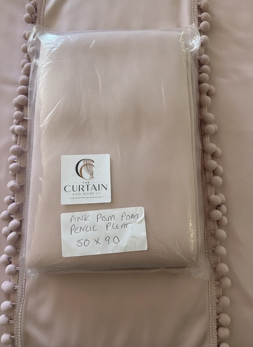 Pink Pom Pom Pencil pleat curtains 50" w x 90” long x2 Panels