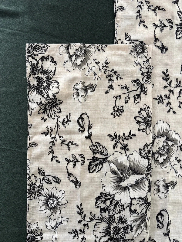 Linen Blend  Cafe Curtains Black Floral Rod Pocket W26xL45in x 2 panels