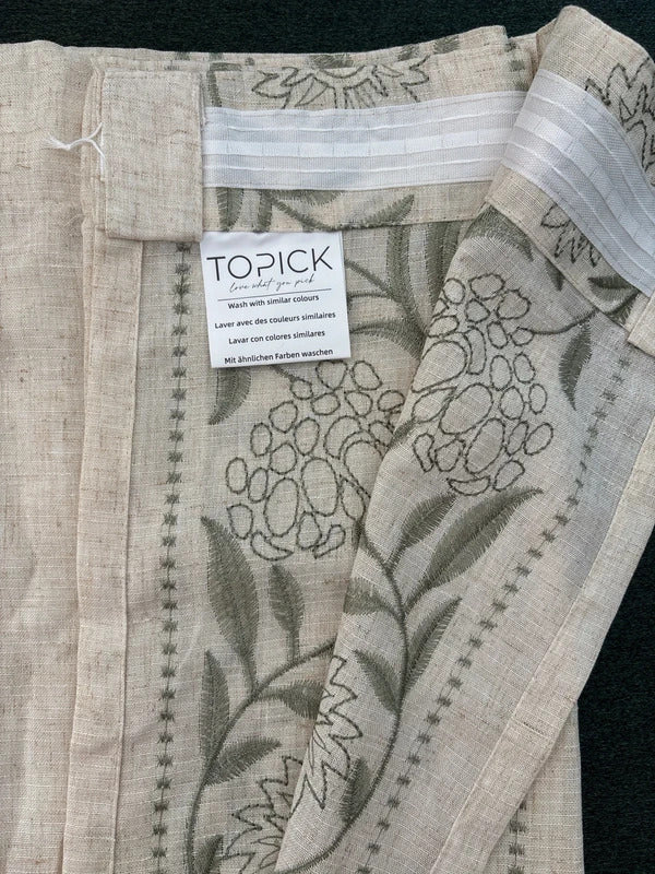 Floral Embroidery Linen Blend  Curtains Pencil Pleat 50Wx54L  sage Green