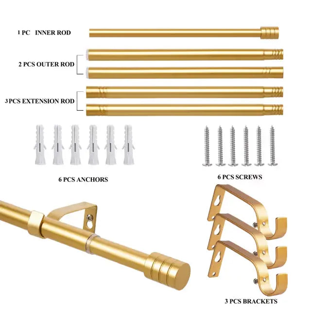 Gold extendable curtain pole kit with brackets fittings and end caps