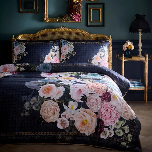 Bouquet List Navy 100% Cotton Sateen Duvet Cover Set Laurence Llewelyn-Bowen