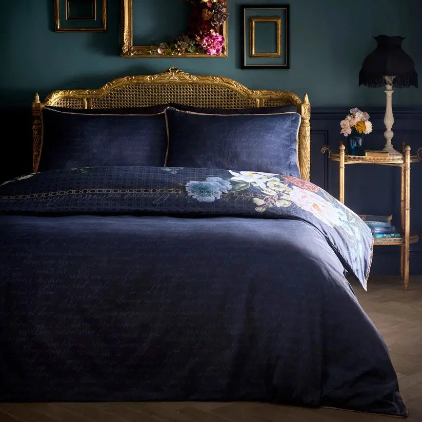 Bouquet List Navy 100% Cotton Sateen Duvet Cover Set Laurence Llewelyn-Bowen