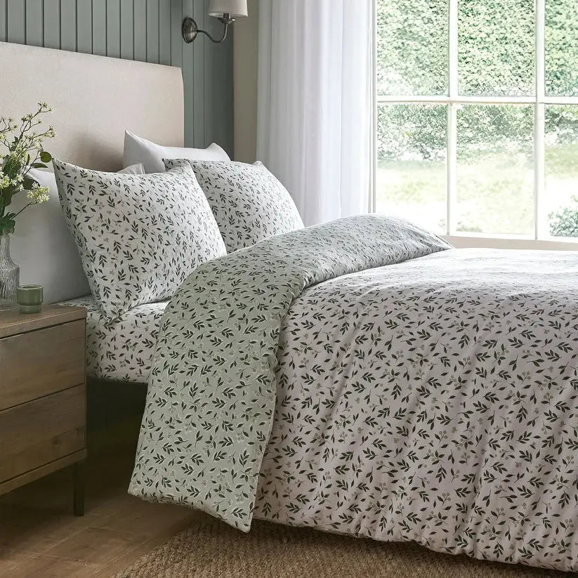 Dreams & Drapes Falling Leaf green brushed cotton duvet cover set