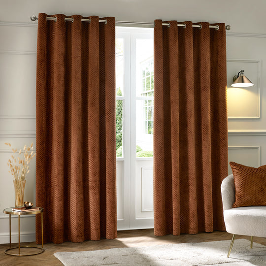 Neptune Fully Lined Velvet Eyelet Curtains Pair in Copper