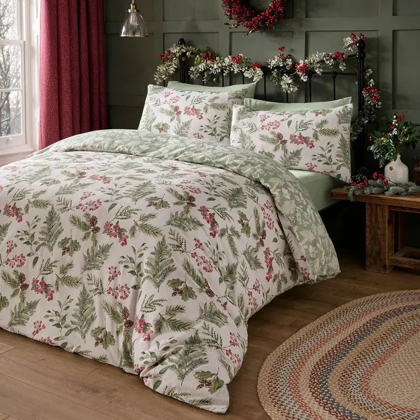 Winter Sprigs green botanical brushed cotton bedding by Dreams & Drapes