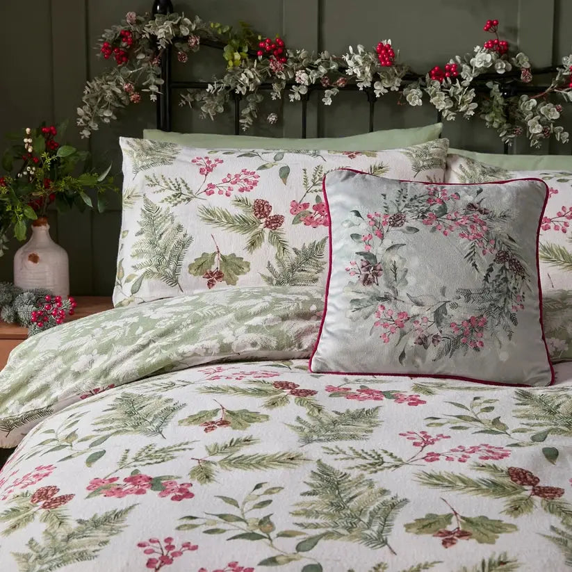 Winter Sprigs green botanical berry print brushed cotton bedding detail