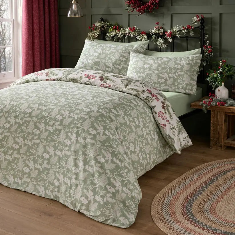 Dreams & Drapes Winter Sprigs 100% Brushed Cotton Duvet Cover Set – Green Dreams and Drapes