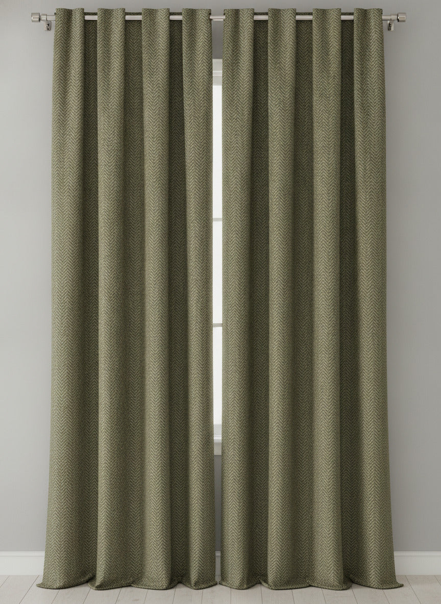 Luxury Heavyweight Herringbone Woven Curtains Khaki Green 2 Panels – 90” x 90”