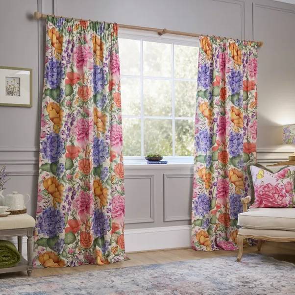 Idalia Fully Lined Cotton Printed Pencil Pleat Curtains Fuchsia 66"Wx90"L