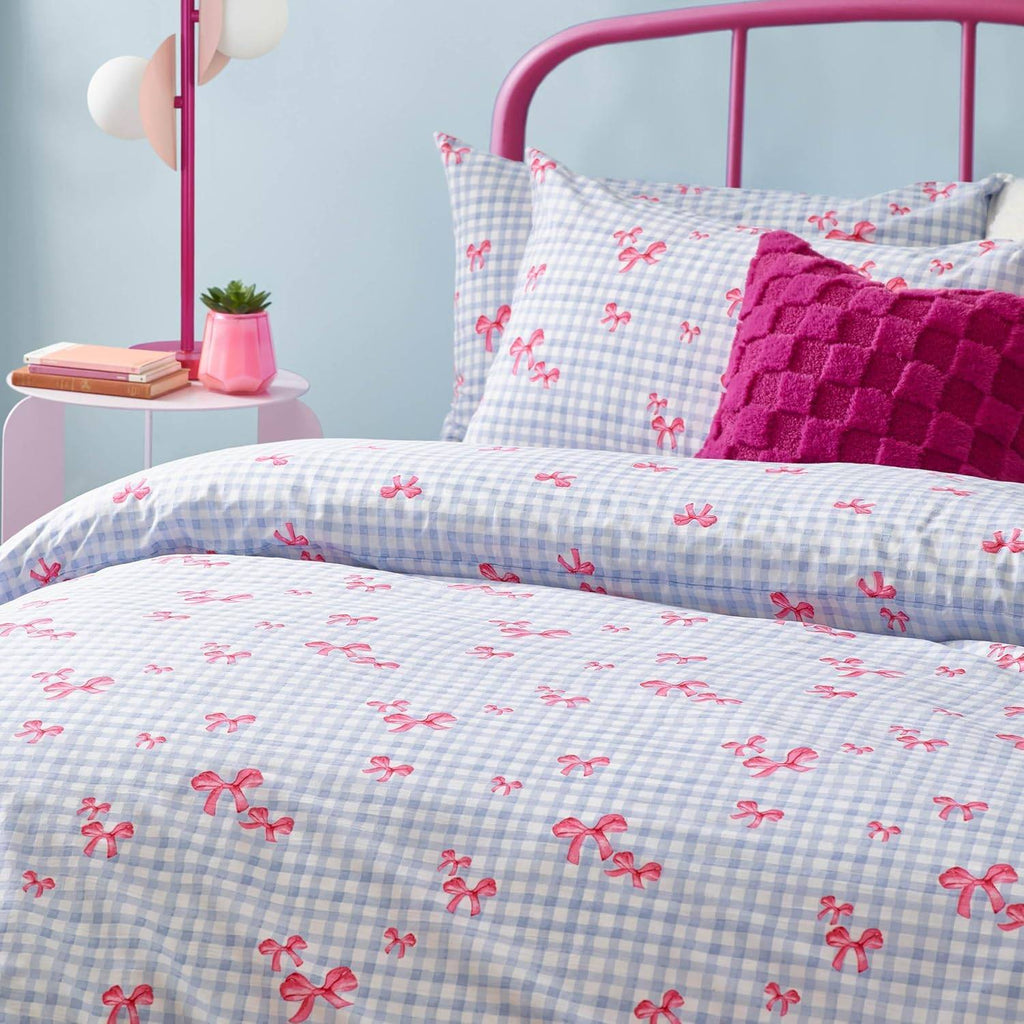 Heya Home Gingham Bows Printed Blue King size Duvet cover set