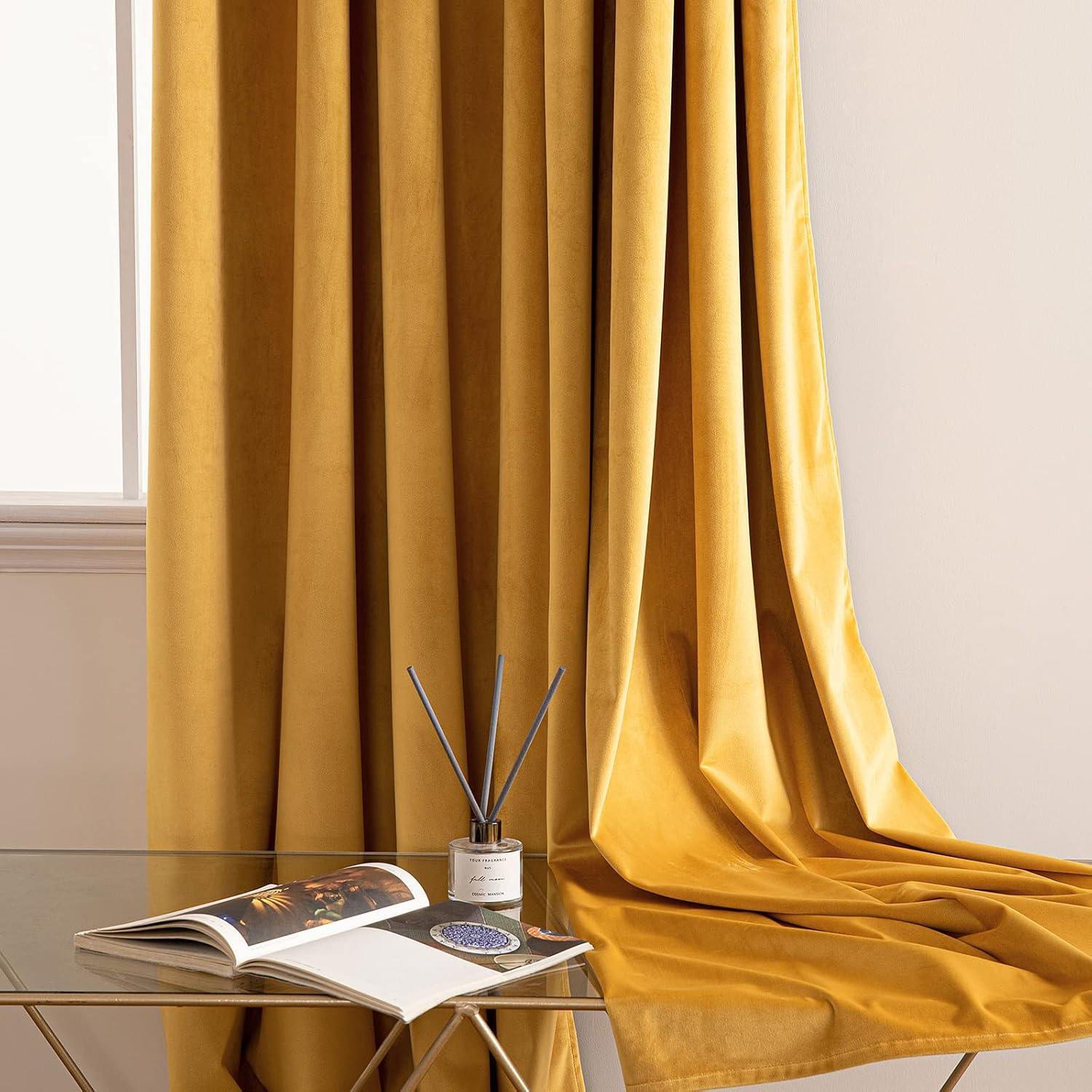 Vibrant Mustard Yellow velvet Curtains 46"W x 90"L x 2 panels