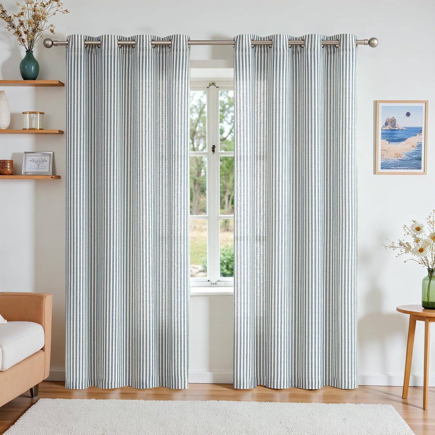 Linen Blend blue stripe Curtains 50Wx72L inches x 2