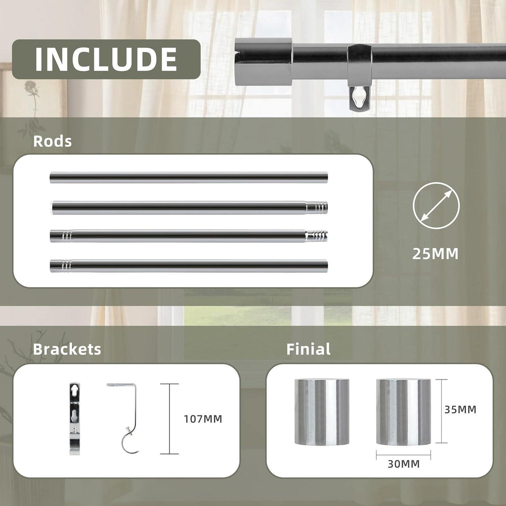 Silver metal Curtain pole and fixtures extends up to 140cm