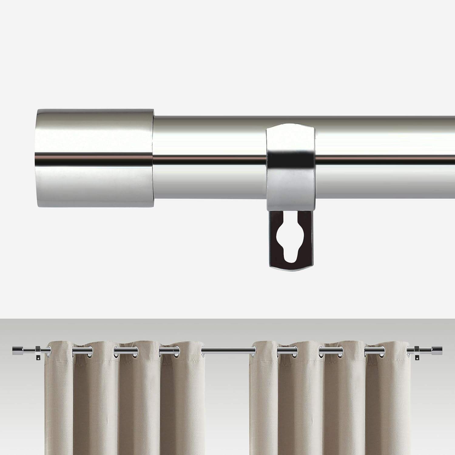Silver metal Curtain pole and fixtures extends up to 140cm