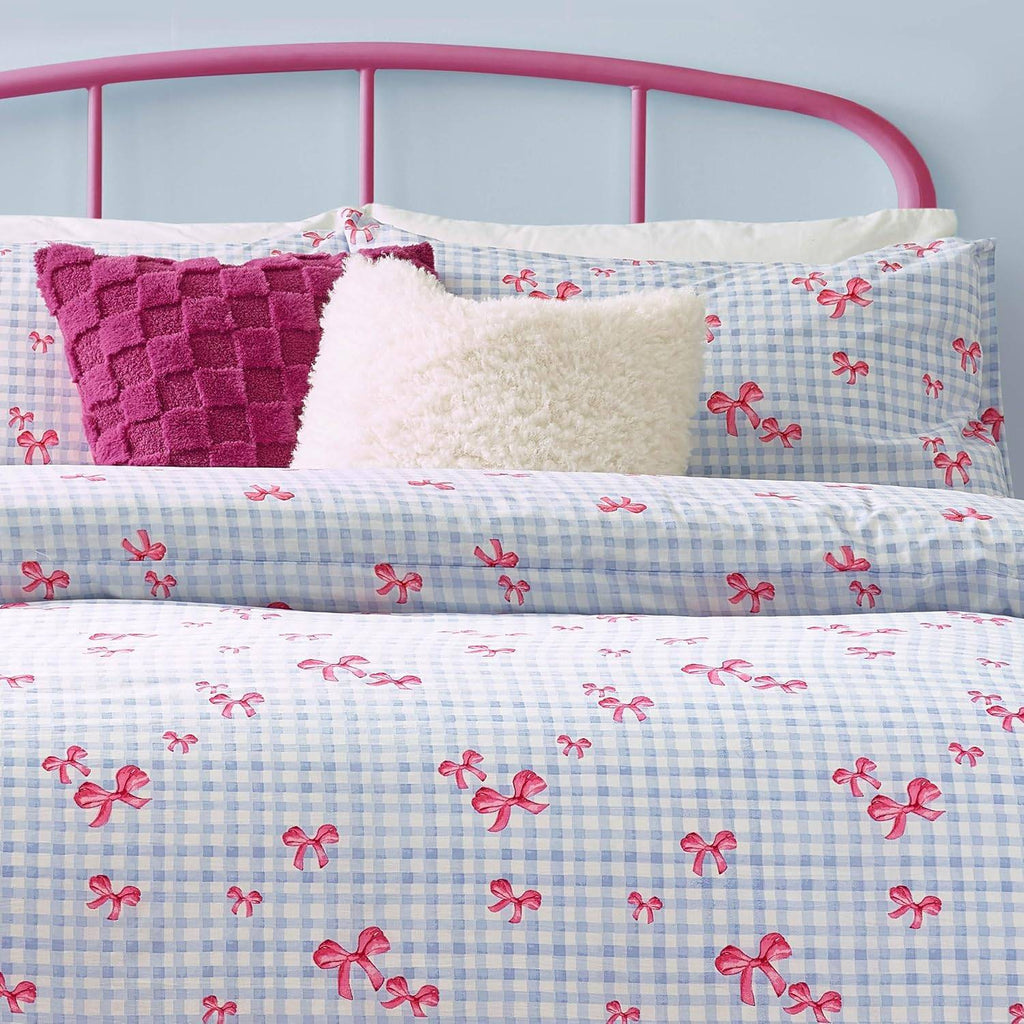 Heya Home Gingham Bows Printed Blue Double Duvet cover set