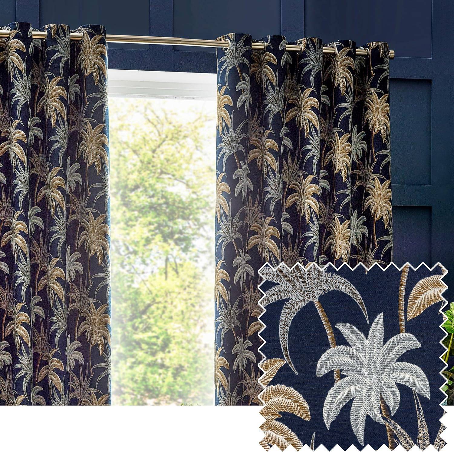 Wylder Galapagos Jacquard Navy Eyelet Curtains  Multi W46xL72 inches