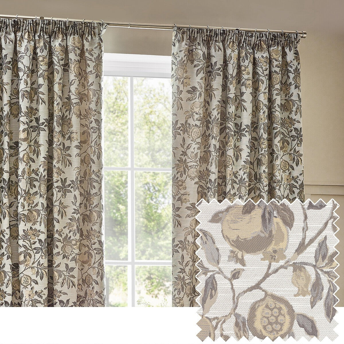 Pomegranate Floral Jacquard Pencil Pleat Curtains 46"Wx 72"L