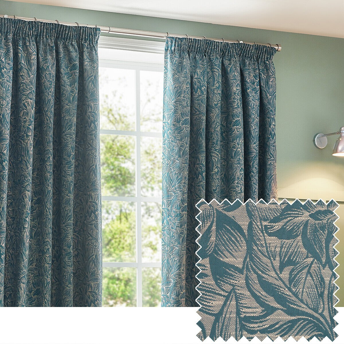 Wylder Grantley Jacquard Pencil Pleat Curtains In Wedgewood 46Wx72L inches
