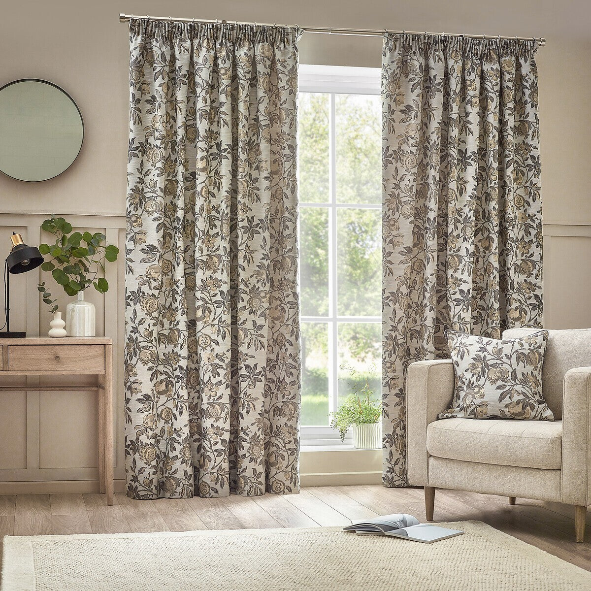 Pomegranate Floral Jacquard Pencil Pleat Curtains 46"Wx 72"L