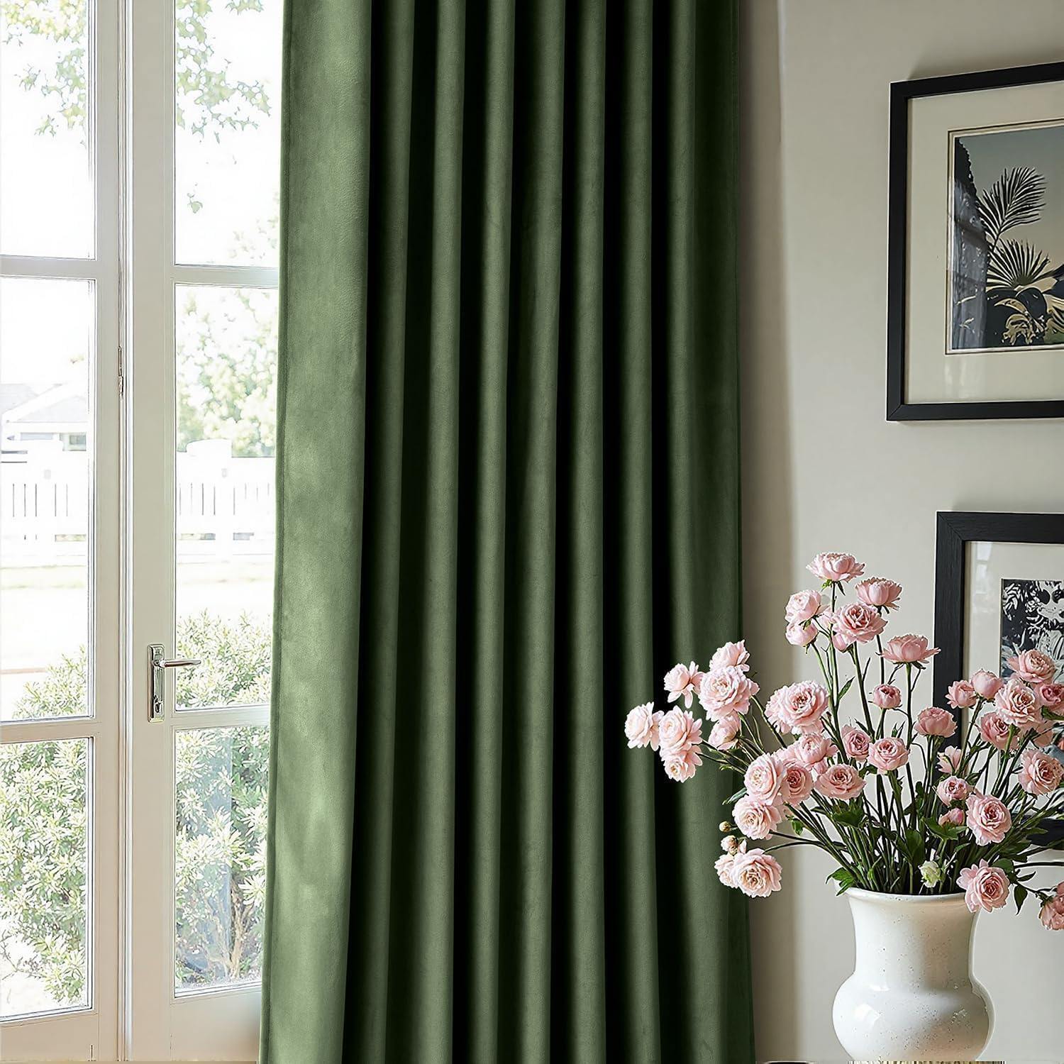 Gorgeous Velvet Olive Green Curtains 66Wx54L x 2 panels