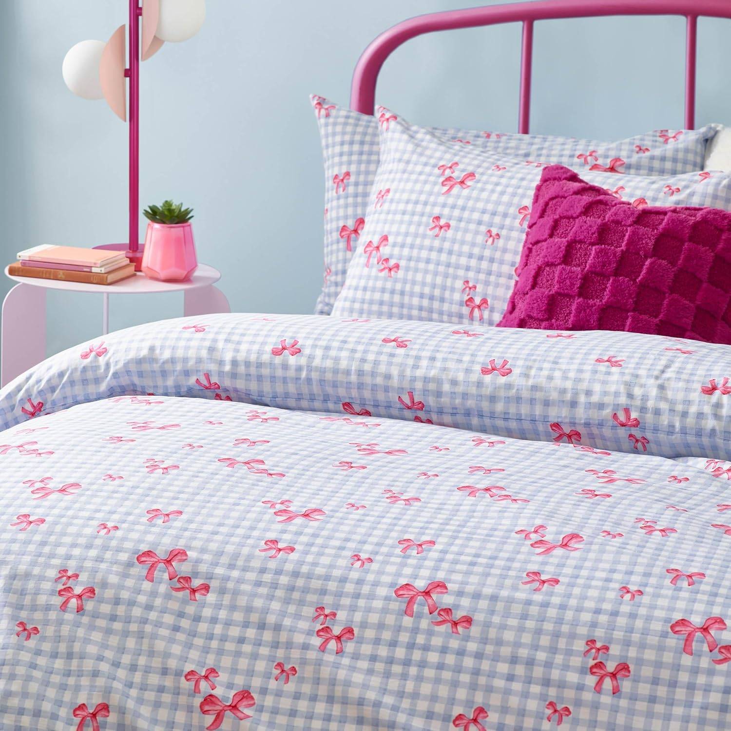 Heya Home Gingham Bows Printed Blue Single Duvet