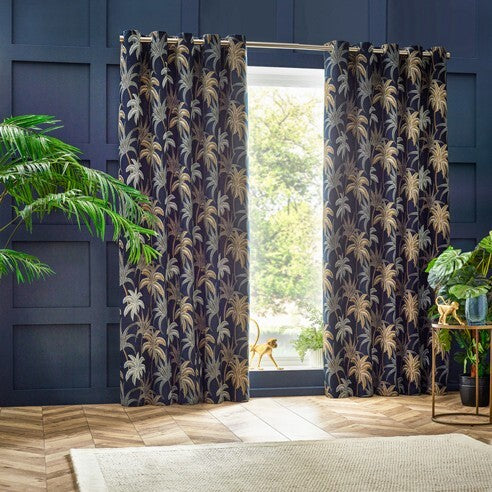 Wylder Galapagos Jacquard Navy Eyelet Curtains  Multi W46xL72 inches