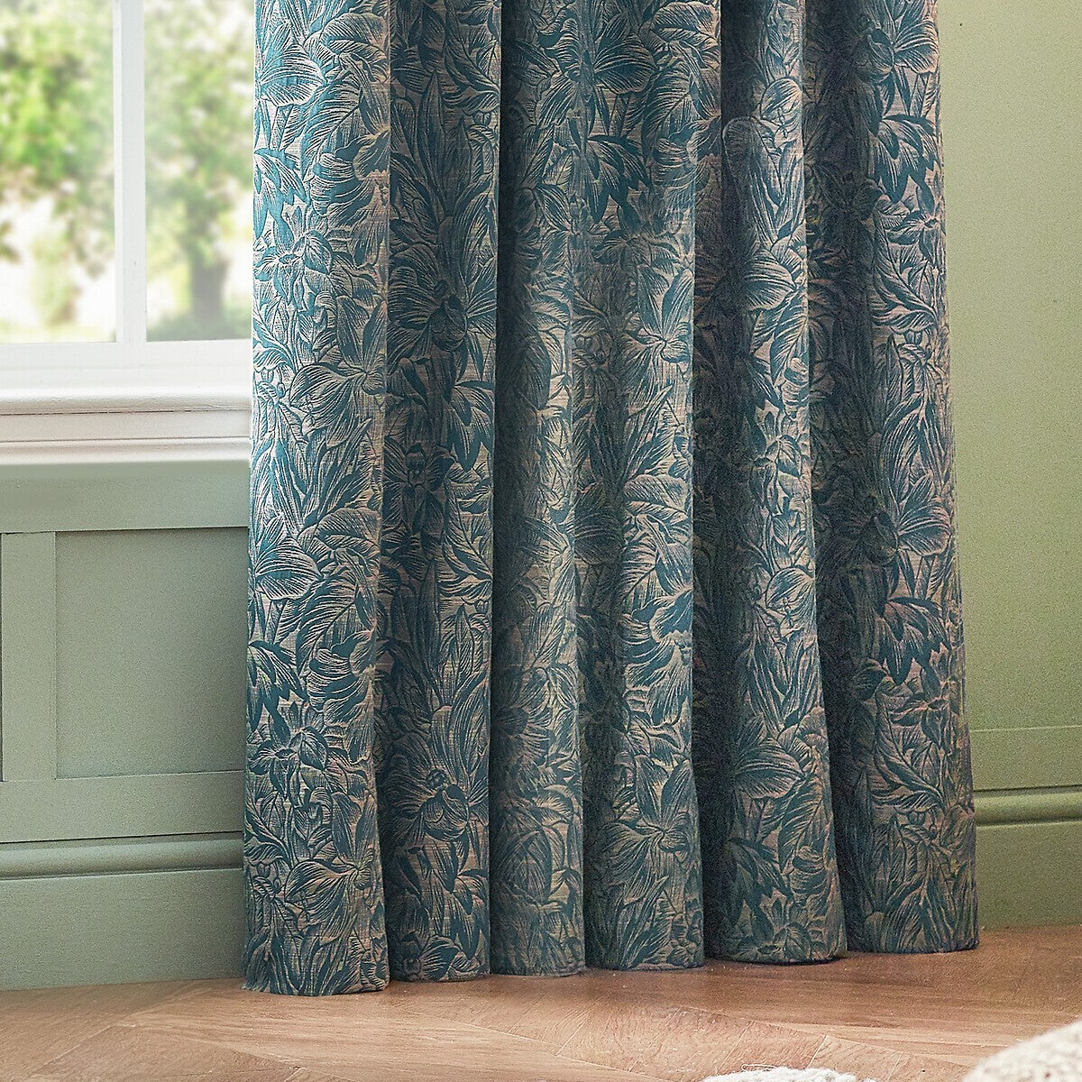 Wylder Grantley Jacquard Pencil Pleat Curtains In Wedgewood 46Wx72L inches