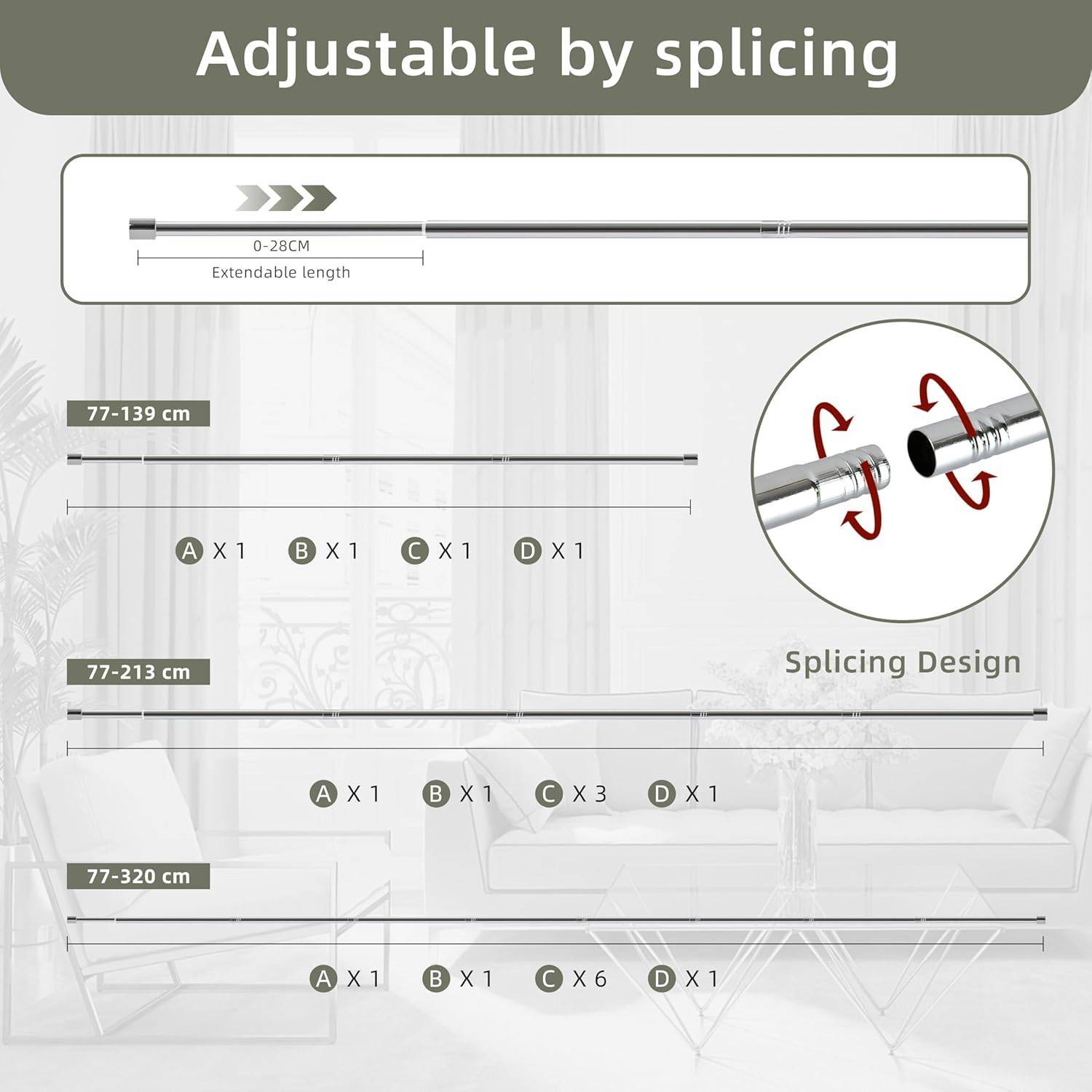 Silver metal Curtain pole and fixtures extends up to 140cm