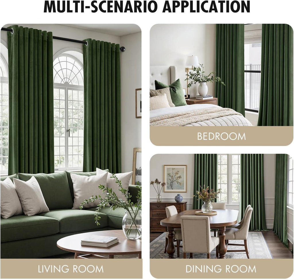 Gorgeous Velvet Olive Green Curtains 66Wx54L x 2 panels