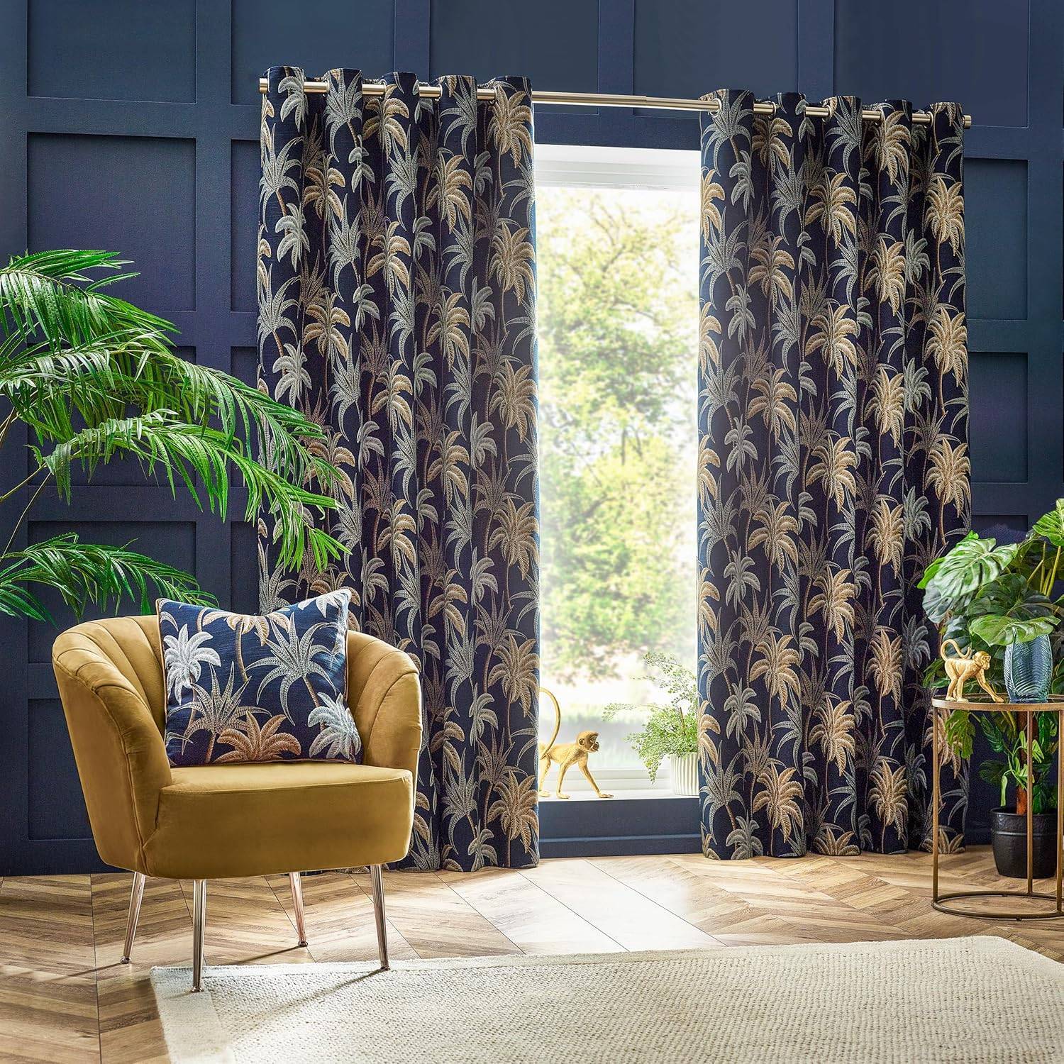 Wylder Galapagos Jacquard Navy Eyelet Curtains  Multi W46xL72 inches