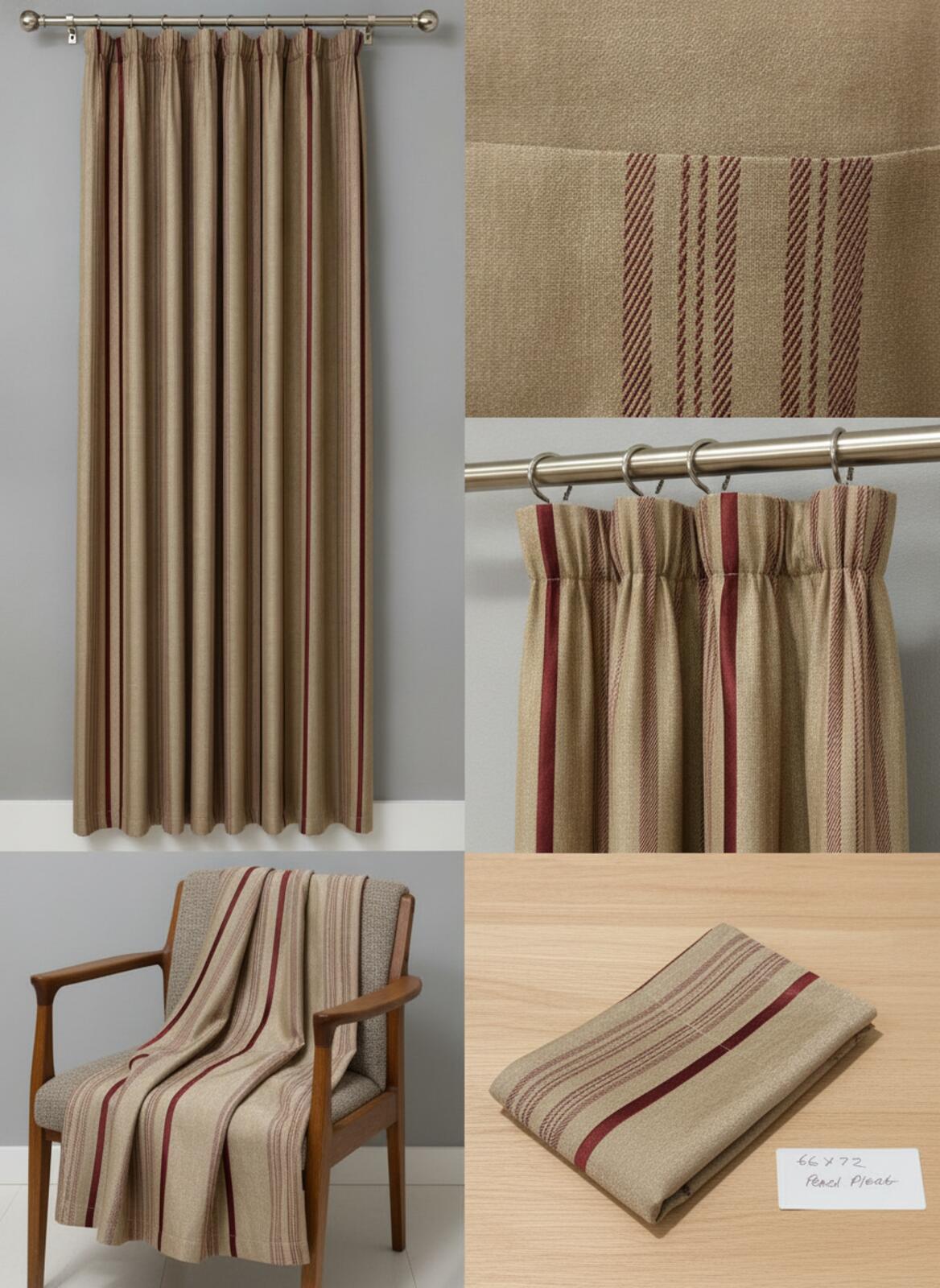 Striped Pencil Pleat Curtains 1 Pair Beige and Elegant Red 66Wx72LInch per panel