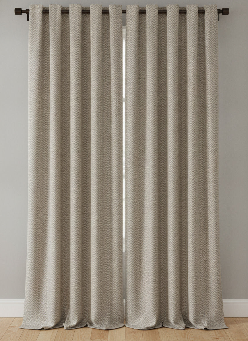 Luxury Heavyweight Herringbone Woven Curtains – Natural Beige 2 Panels 90” x 90”
