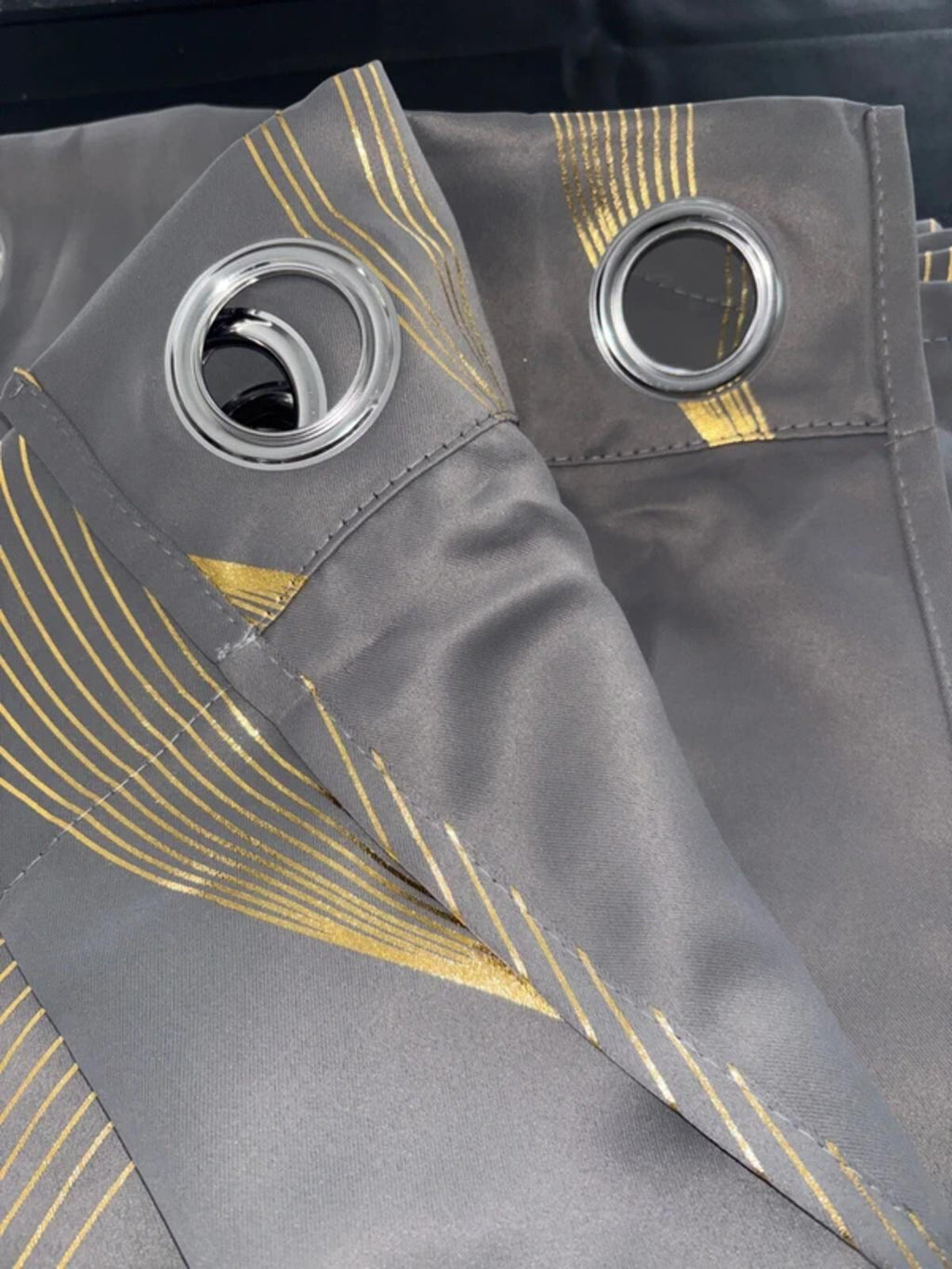 Blackout Eyelet Curtains Gold Wave Foil Printed – Light Grey 66Wx72L Inch 2 Panels
