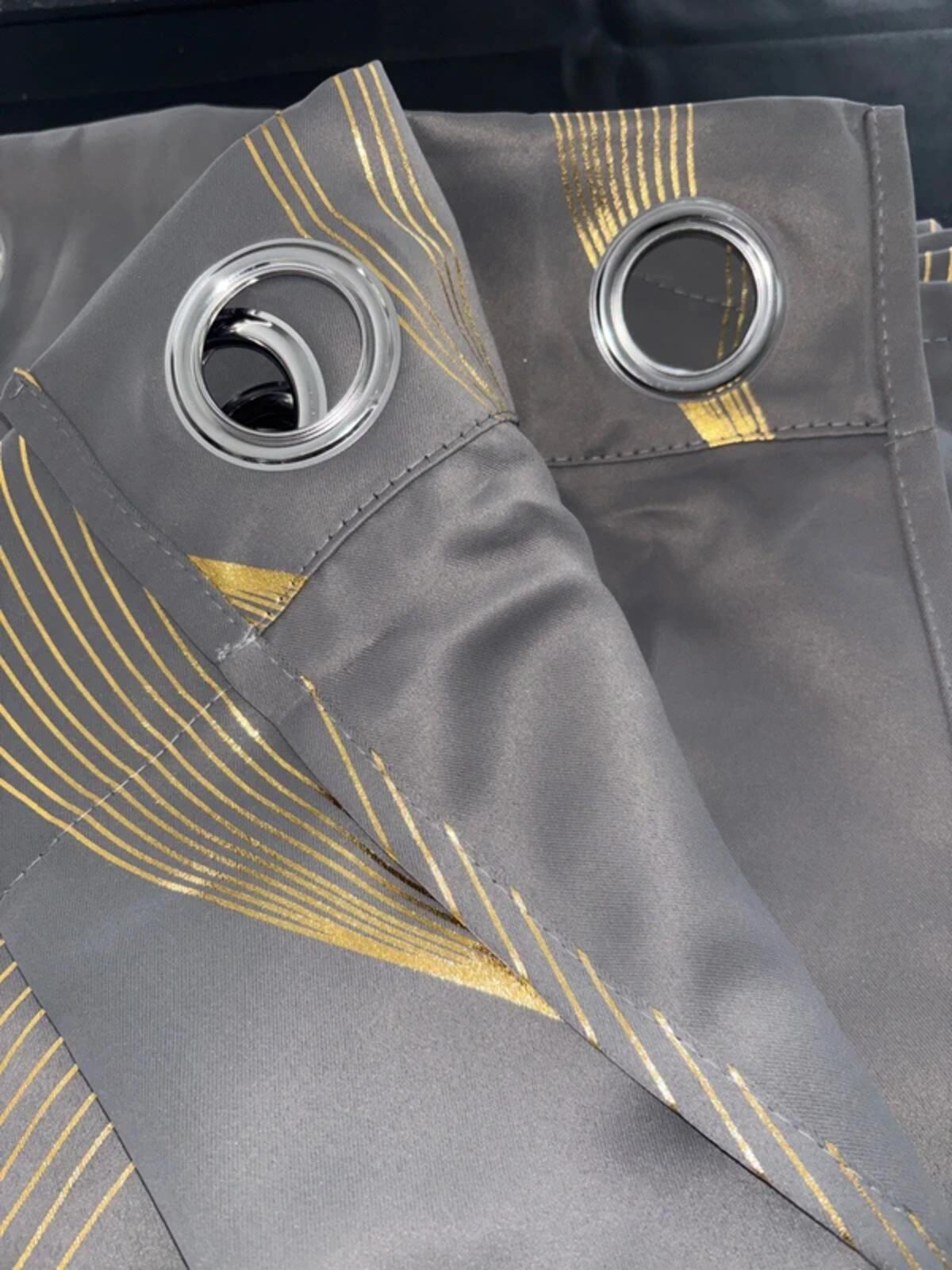 Blackout Eyelet Curtains Gold Wave Foil Printed – Light Grey 66Wx72L Inch 2 Panels