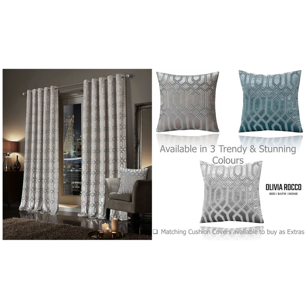 OLIVIA ROCCO Luxe Geo Velvet Eyelet Curtains Champagne: CHAMPAGNE / 90" (WIDTH) x 90" (DROP)
